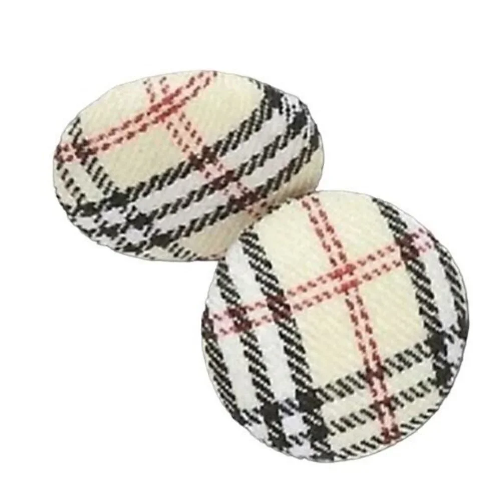 Cream Black and Red Tartan Plaid Fabric Retro Mod Button Earrings